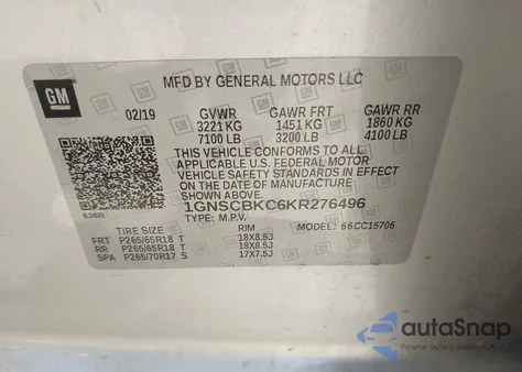 2019 Chevrolet Tahoe Lt z USA, uszkodzony, nr VIN 1GNSCBKC6KR276496